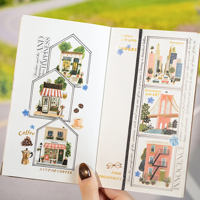 European Town Streetscape Washi Tape & Stickers, Vintage House Pattern, Base Tape for Junk Journal, DIY Collage Supplies Qme