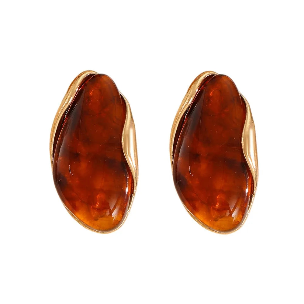 Vintage Irregular Resin Alloy Stud Earrings & Ring - Women's Coffee Color Fashion Elegant Stud Earrings & Ring Jewelry Set Qme