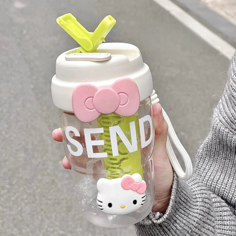 Hello Kitty Stylish Water Bottle with Straw Durable Outdoor Plastic Cup Portable Dual-Chamber Travel Mug for Students Qme