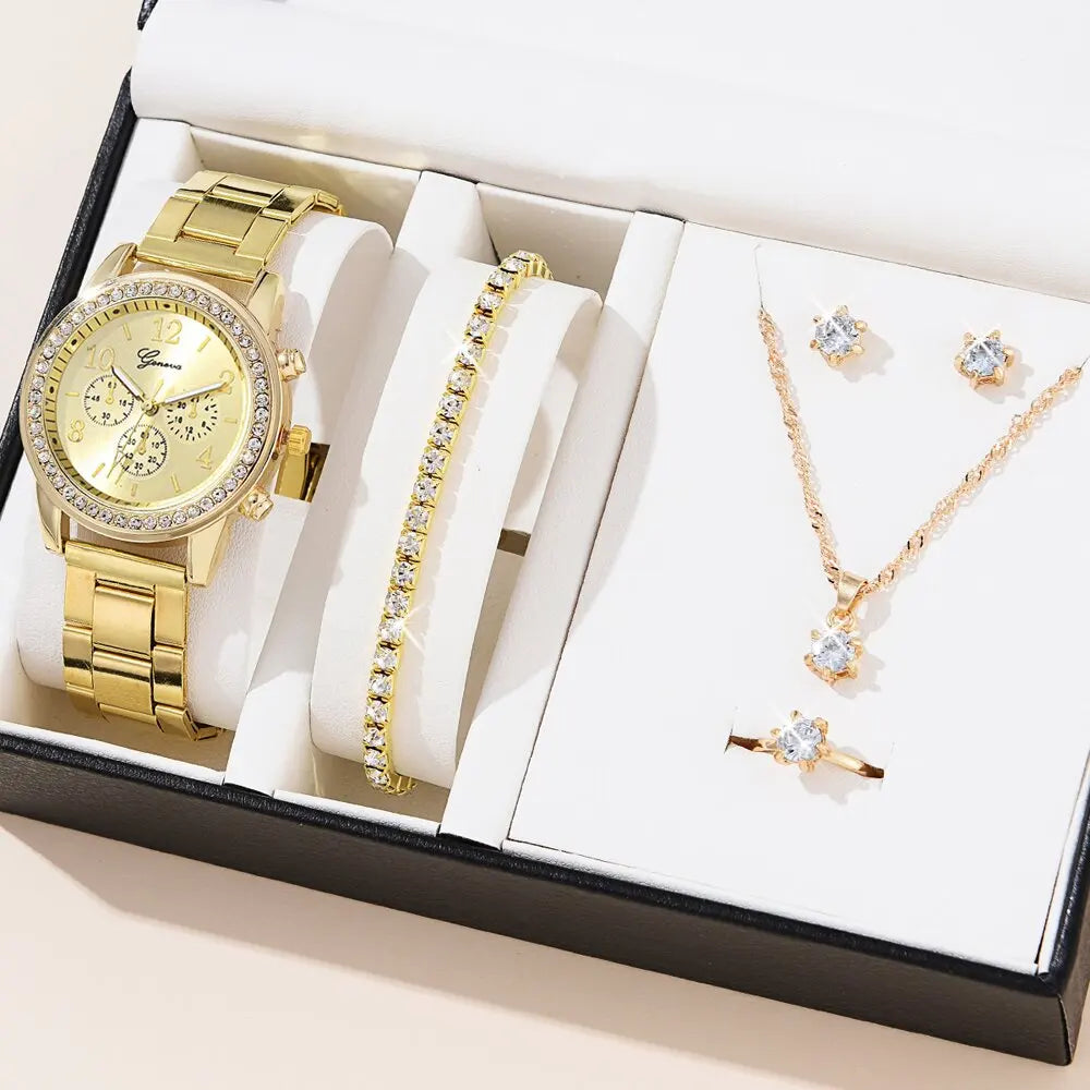 5PCS Quartz Watch Set Women Fashion Silver Round 3 Eyes Alloy Strap Wristwatch Gift Rhinestone Watch For Women Jewelry Set Qme 10