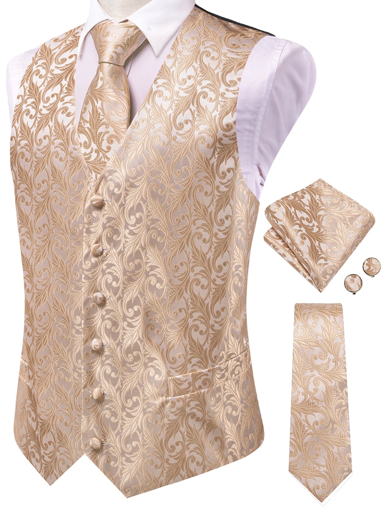 Men's Classic Floral Vest Tie Hanky Cufflinks Waistcoat Weddings Qme