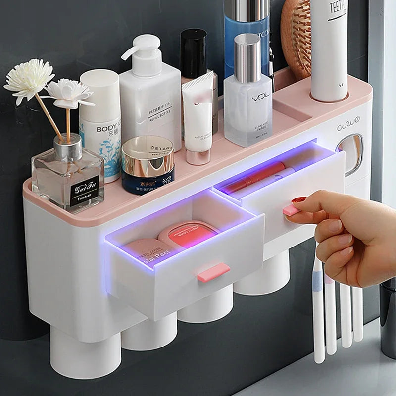 Magnetic Adsorption Inverted Toothbrush Holder Automatic Toothpaste Dispenser With Cup Toothpaste Bathroom Accessories Set Qme