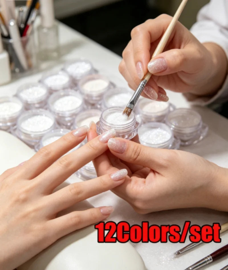 12Pcs/Set Aurora White Nail Mirror Powder 0.3g/Jar Shimmer Moonlight Chrome Pigment Dust for UV Gel Polish Manicure Decorations Qme