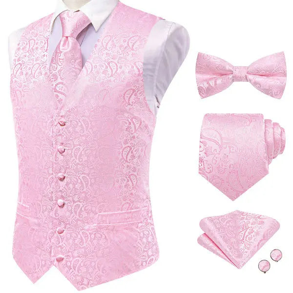 Men Red Pink Floral Paisley V Collar Waistcoat Full Business Party Qme HT-MJTZ0228 L