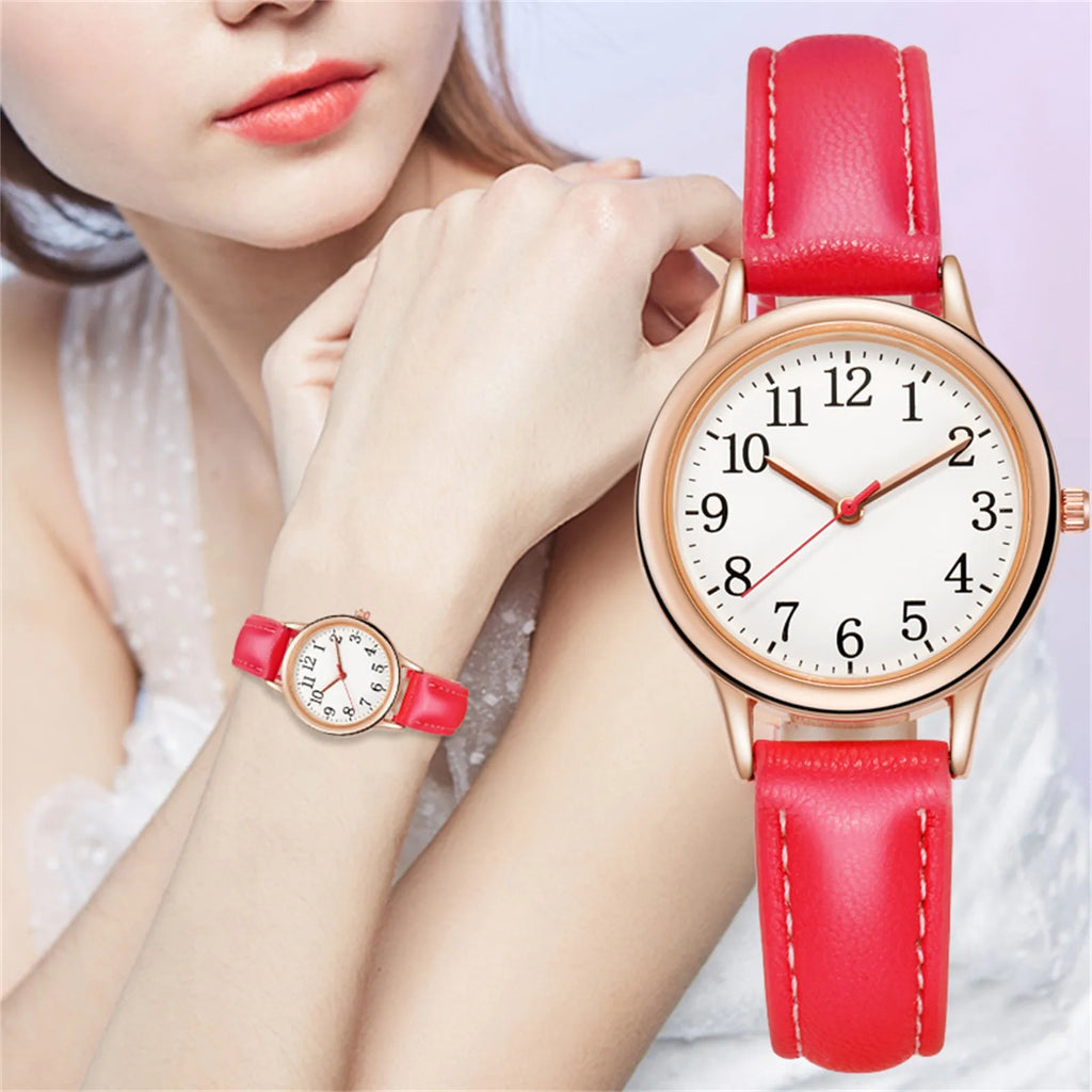 Leather Strap Movement Women Quartz Fine Watch Easy To Read Arabic Numerals Simple-Dial Fashion Minimalism Daily Versatile Watch Qme Red