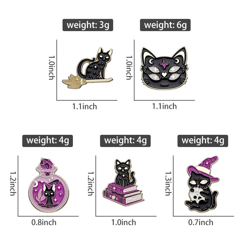 Witch Enamel Pin Punk Black White Cat Brooch Magic Hat Badge Book Wings Lapel Animal Goth Purple Crystal Jewelry Gift Wholesale Qme