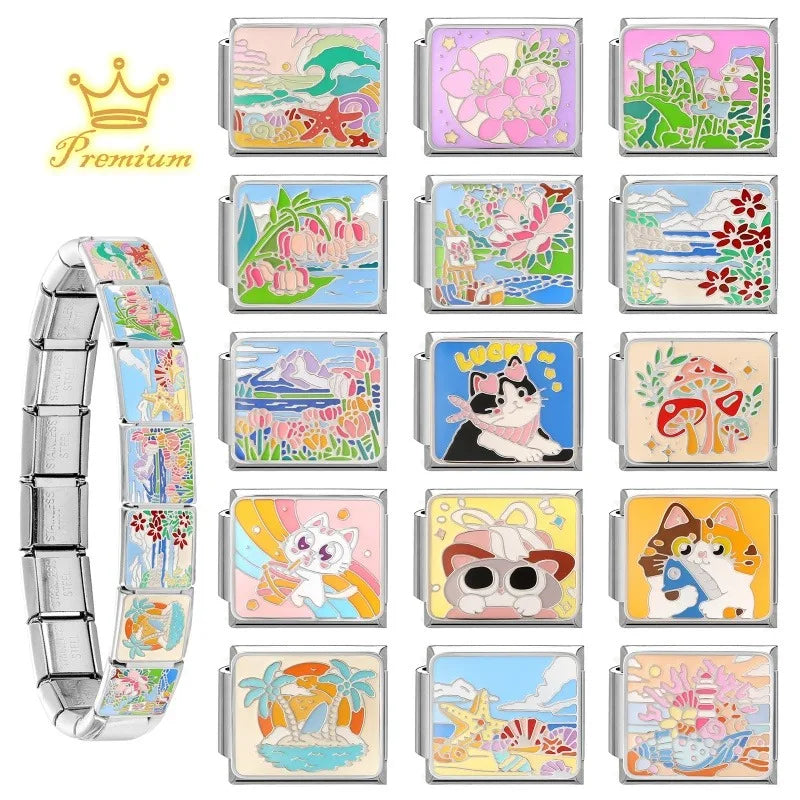 Y2K Colored Street View Flower Cute Cat Italian Charm Link Fit 9mm Stainless Steel Module Women Bracelet DIY Making Jewelry Gift Qme