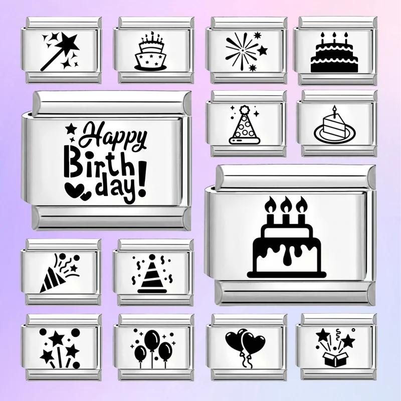 Trendy New Fashion English Words Happy Birthday Big Cake Charm Italian Links Fit 9mm Stainless Steel Bracelet DIY Making Jewelry Qme