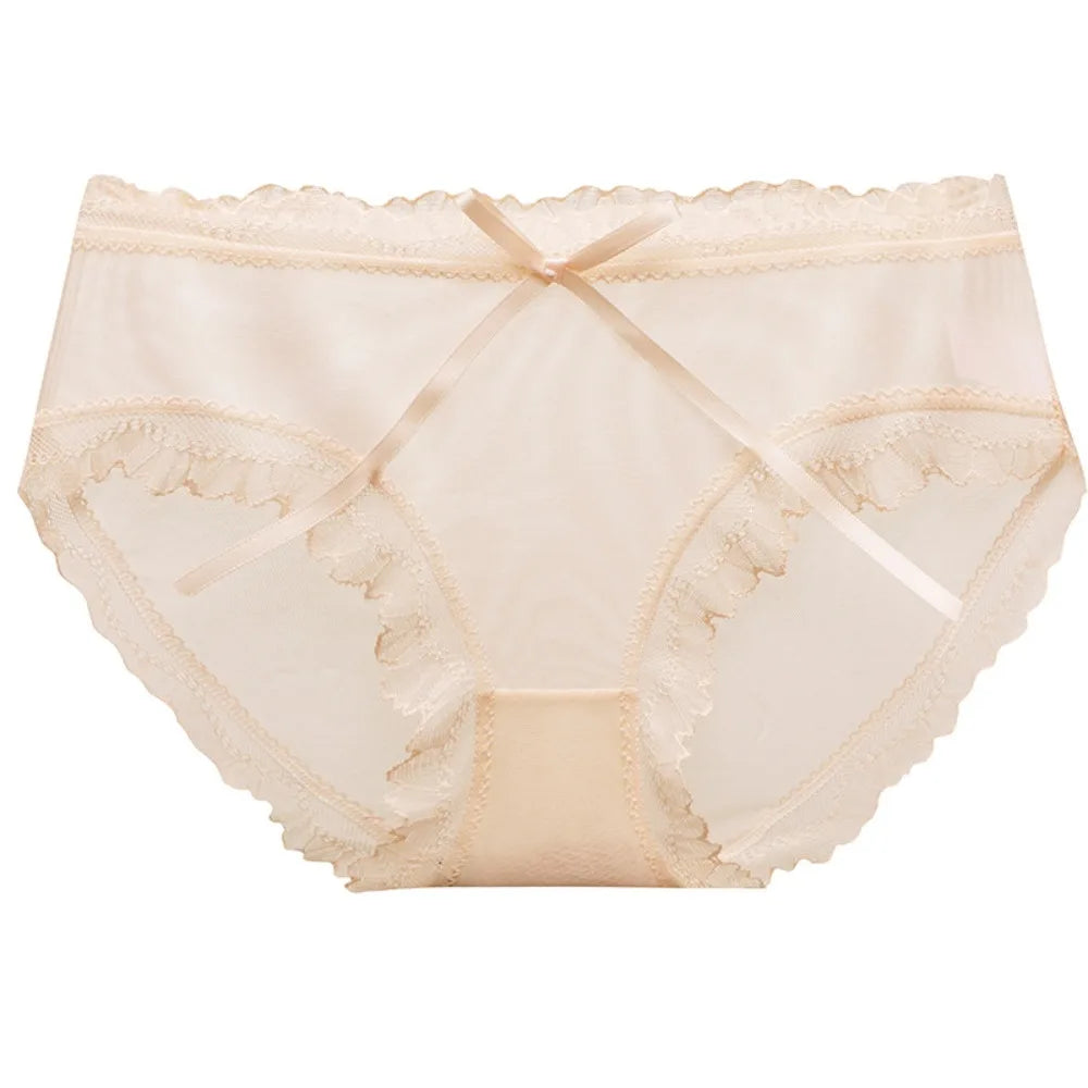 Sweet Low Waist Lace Panties Bow Cotton Crotch Mesh Briefs Ice Silk Qme Light Pink L 1pc