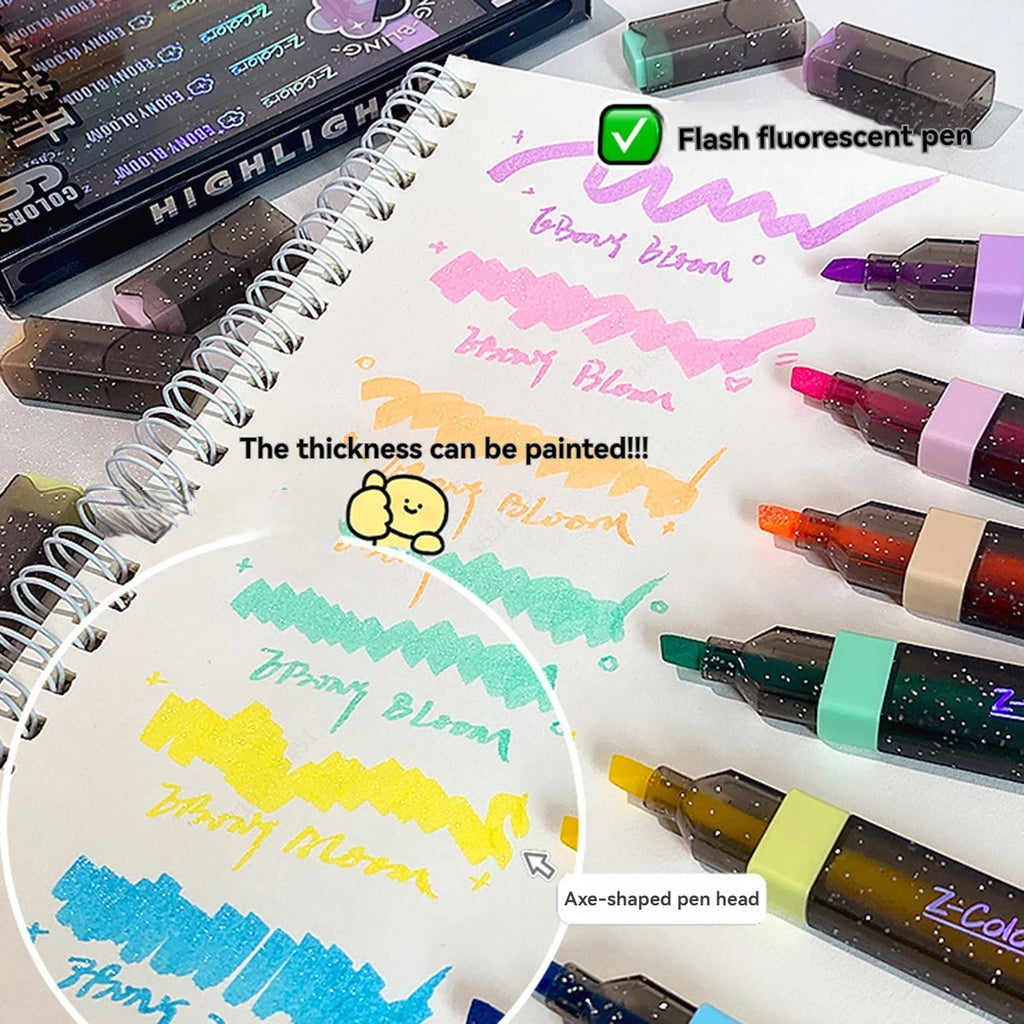 6Pcs Glitter Highlighter Pens Chisel Tip Sparkly Shiny Markers for Ceramic Fabric Scrapbooking DIY Crafts Coloring Art Supplies Qme