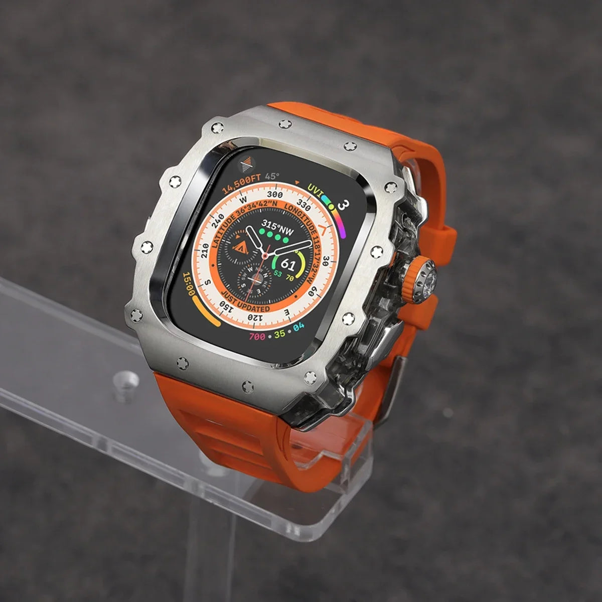 Luxury Modification Kit For Apple Watch Ultra 2 49mm Stainless Steel Case For IWatch 9 8 7 6 45mm 44mm Crystal Button Sport Band Qme Orange-BTr 44mm-Series 6 5 4 SE