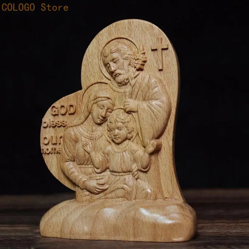 Wooden Figurine Catholic Love Heart Shaped Jesus Holy Family Carving Qme
