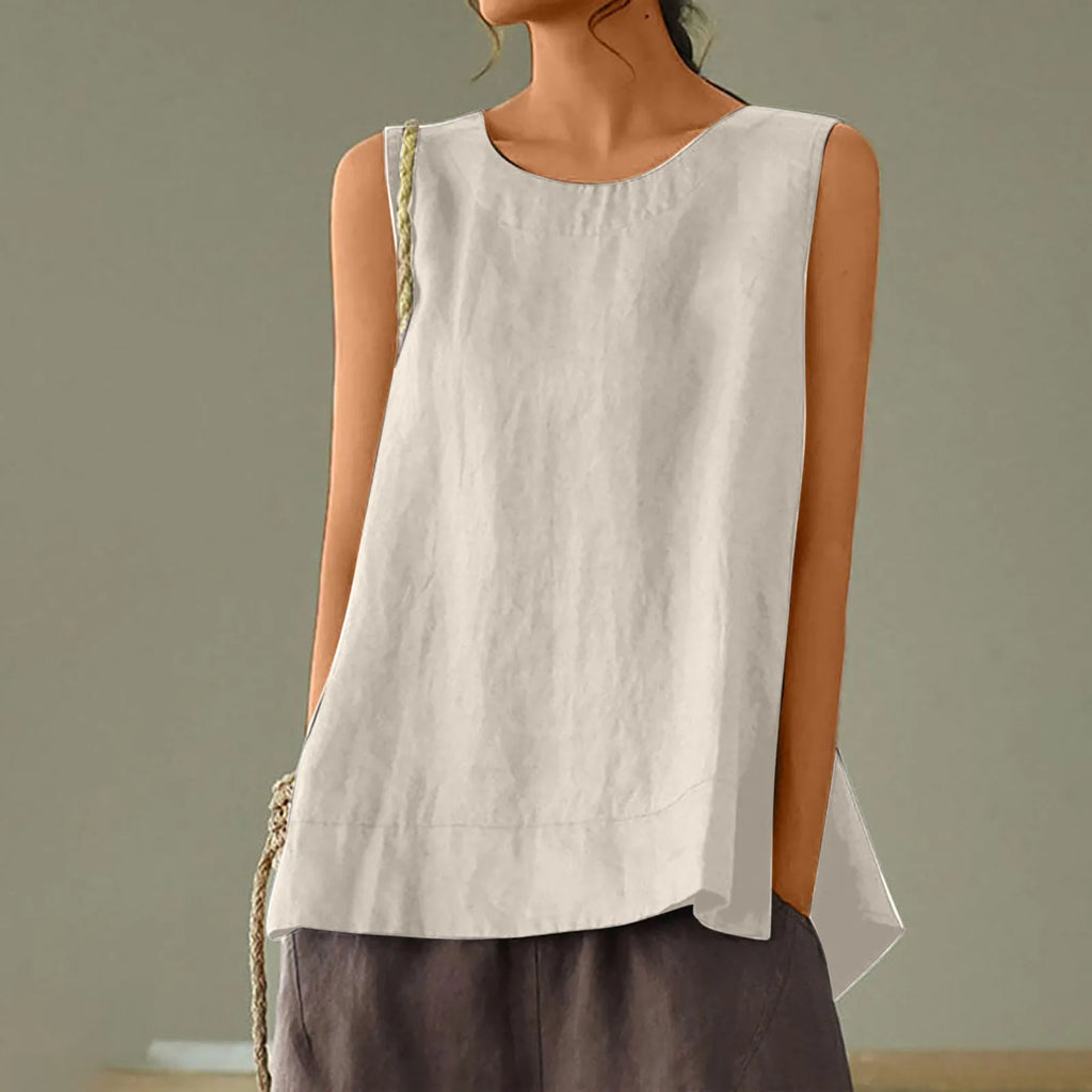 Female Summer Oversized Solid Color Retro Casual Cotton Linen Solid Color Sleeveless Round Neck Soft And Breathable Top Vest Qme Beige M
