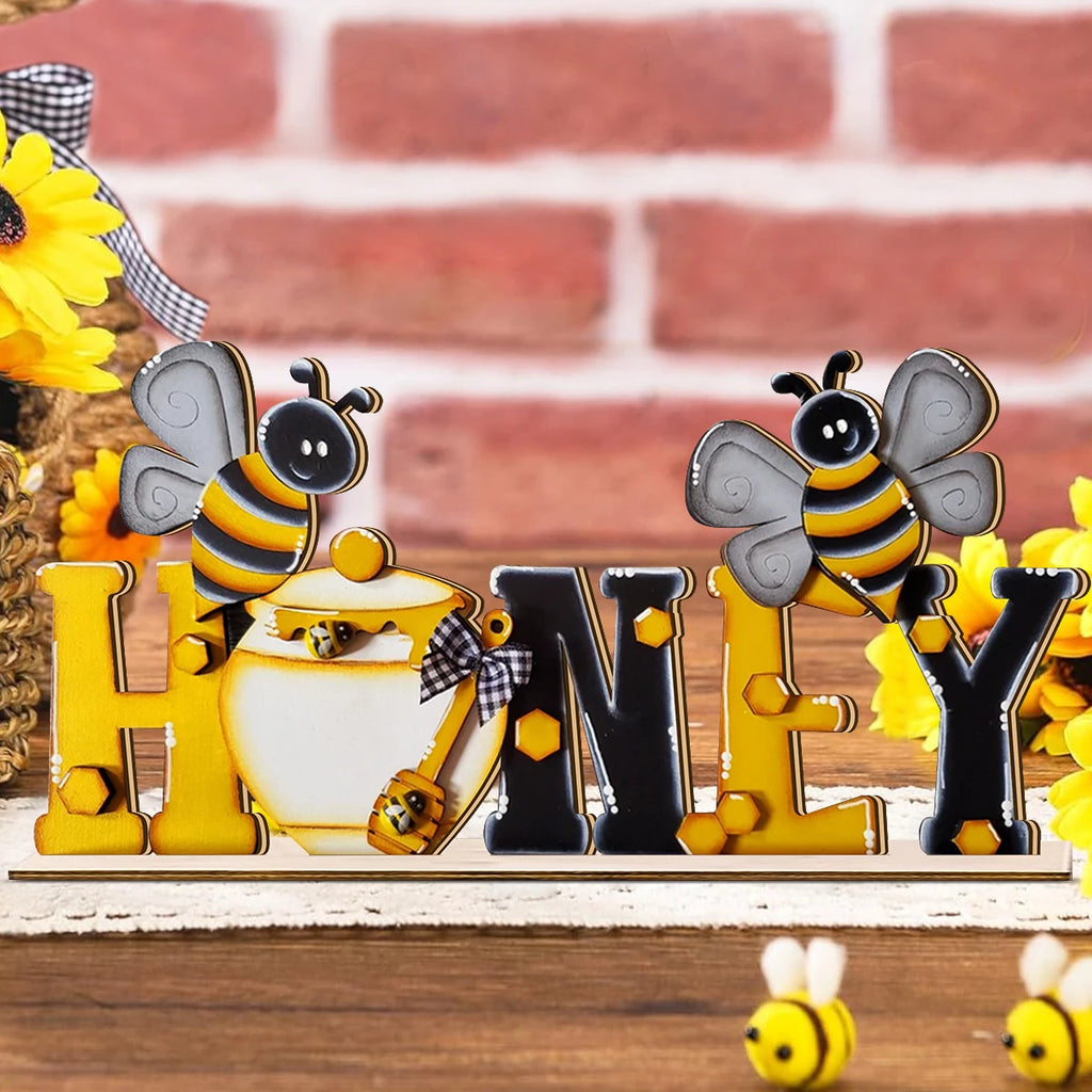 1SET 3D summer bee wooden desktop decoration, HONEY cartoon bee letters, home desktop decoration Qme MULTI
