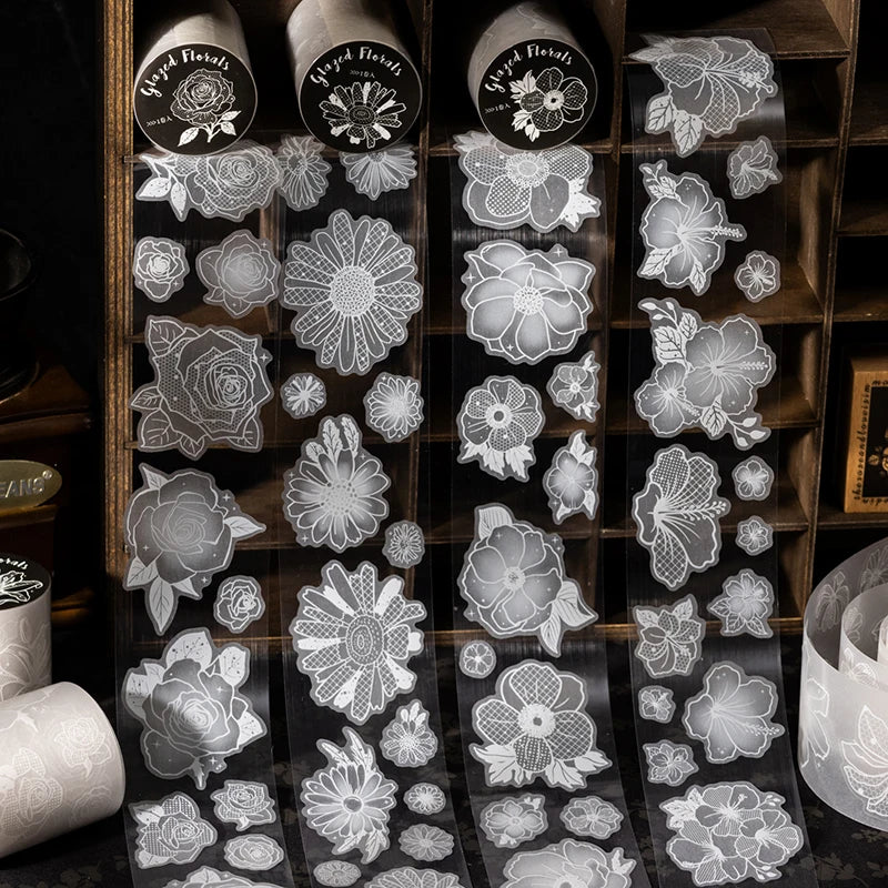 White Ink Floral Tracing Paper Washi Tape & Stickers for Journal Scene Making, Decorative Supplies for Phone Cases, Water Bottle Qme