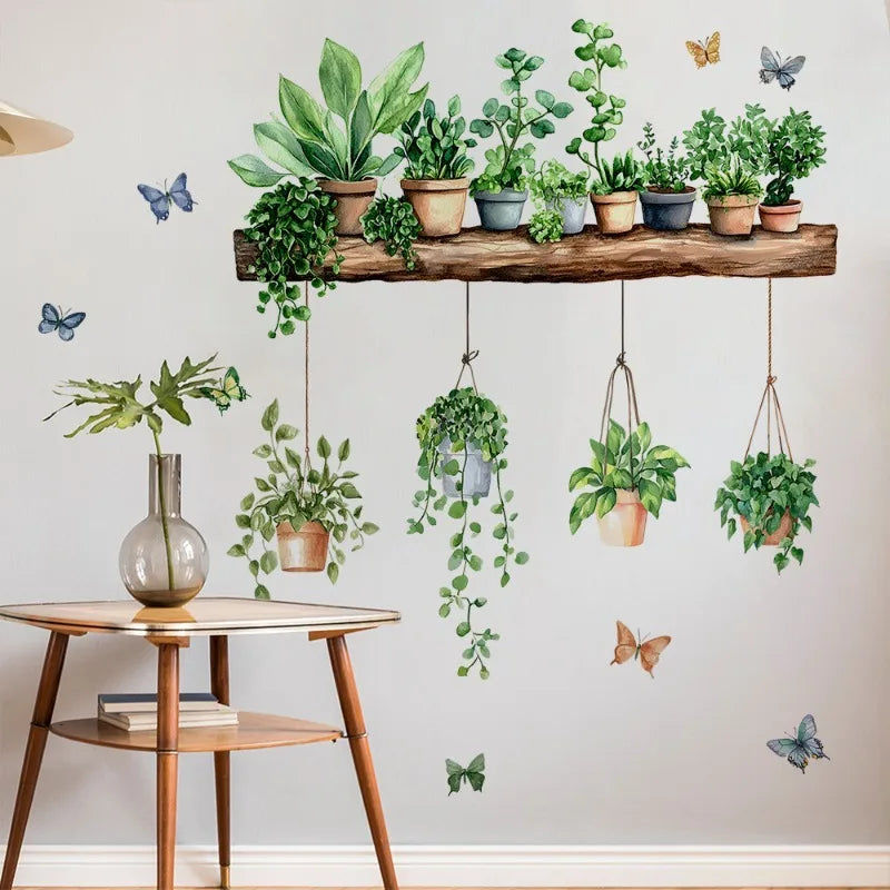 3D Potted Green Plant Shelf Wall Decals Botanical Tropical Succulent Qme