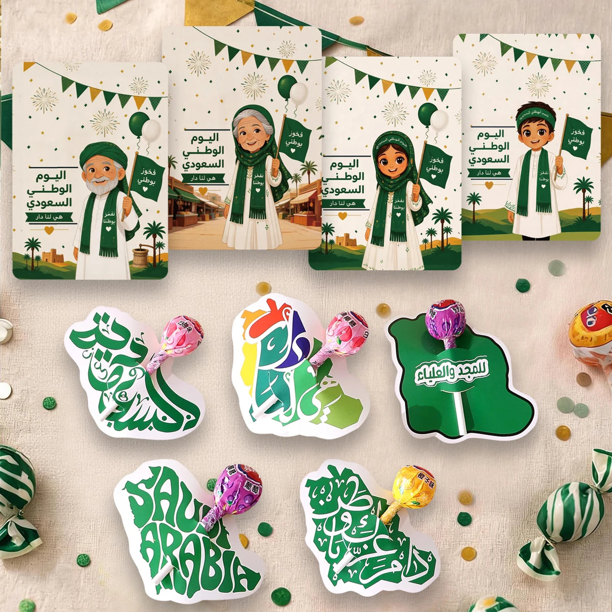 Saudi National Day Themed Lollipop Greeting Cards, Party and Event Souvenirs, Saudi National Day Greeting Cards, Saudi National Day Gifts Qme