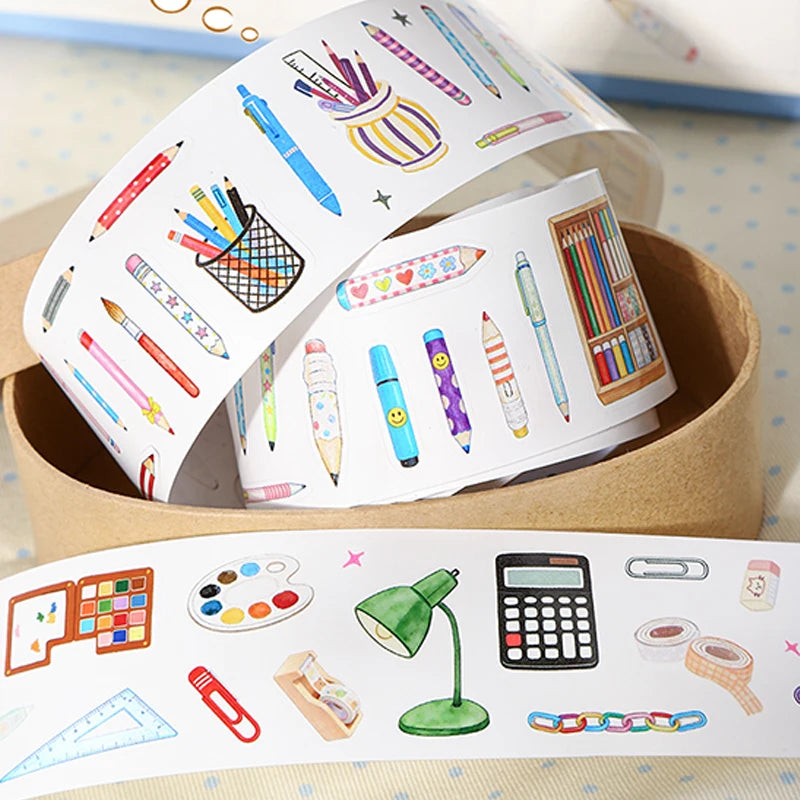 Watercolor Style Campus Stationery Washi Tape, Multi-Pattern Cartoon School Supplies for Themed Scrapbooking & Decoration Qme