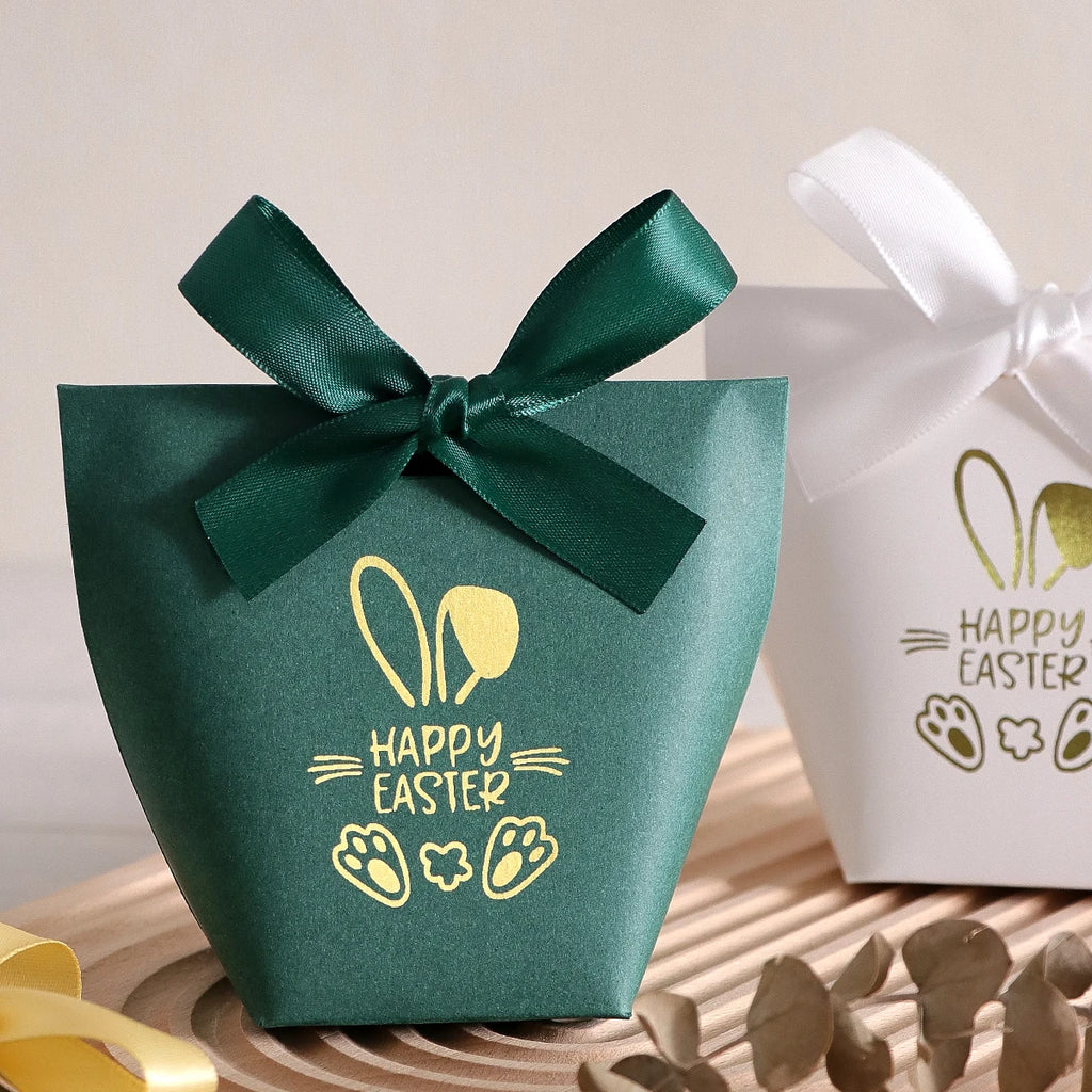 5Pcs Happy Easter Mini Gift Boxes with Bunny and Paw Print Design, Green Packaging with Gold Foil'Happy Easter' Message, Satin Qme