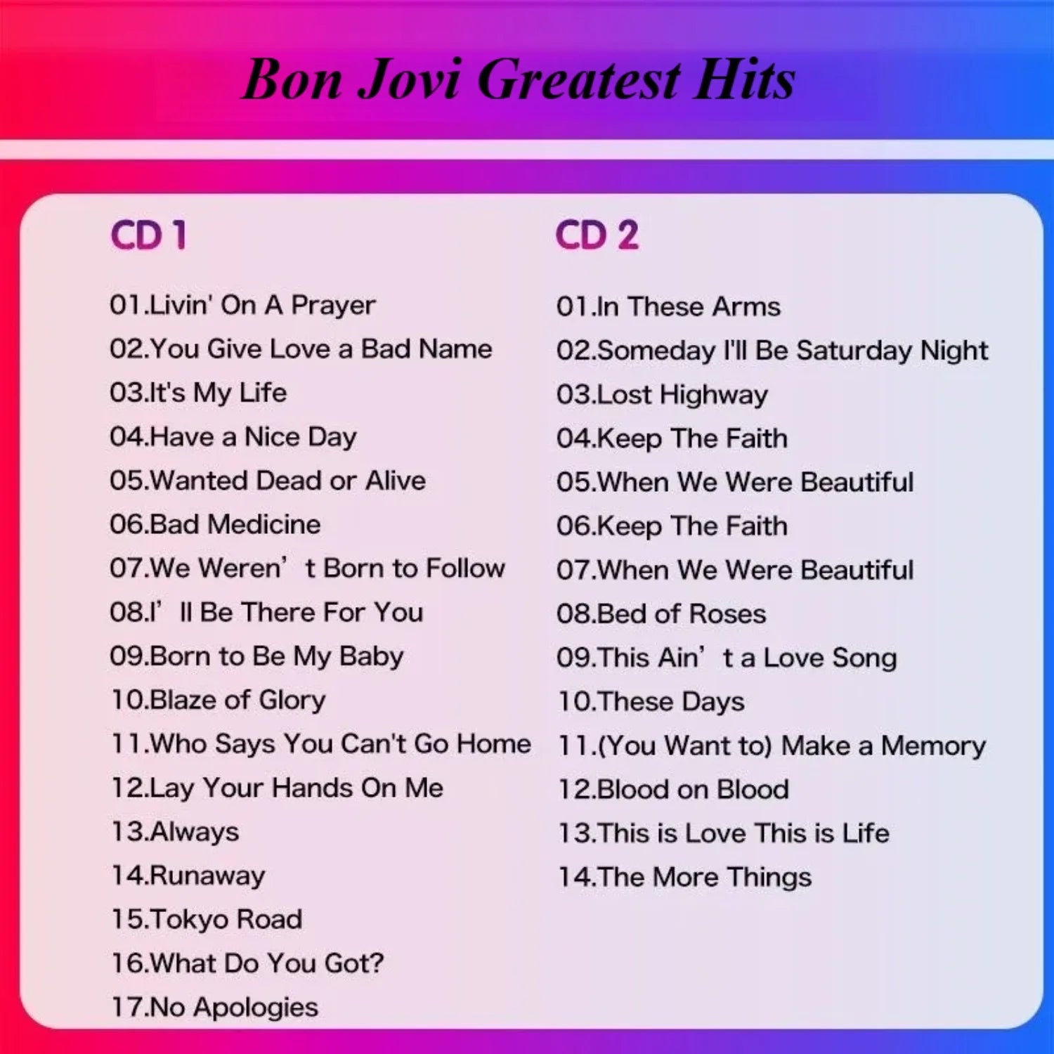 Classic Rock Greatest Hits Album Set CD Only 2CD in Clear Plastic Case High-Fidelity Sound Included, for Music Lovers Collection Qme