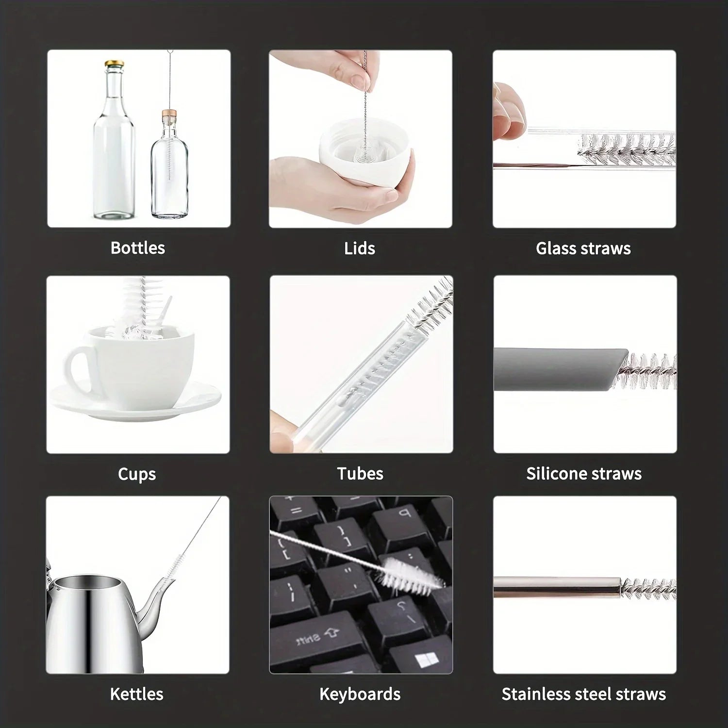 Multi-Purpose Cleaning Brush with Handle for Kitchen Pipes, Straws, Decanters, Nozzles, and Tubes - 3pcs/Set Qme