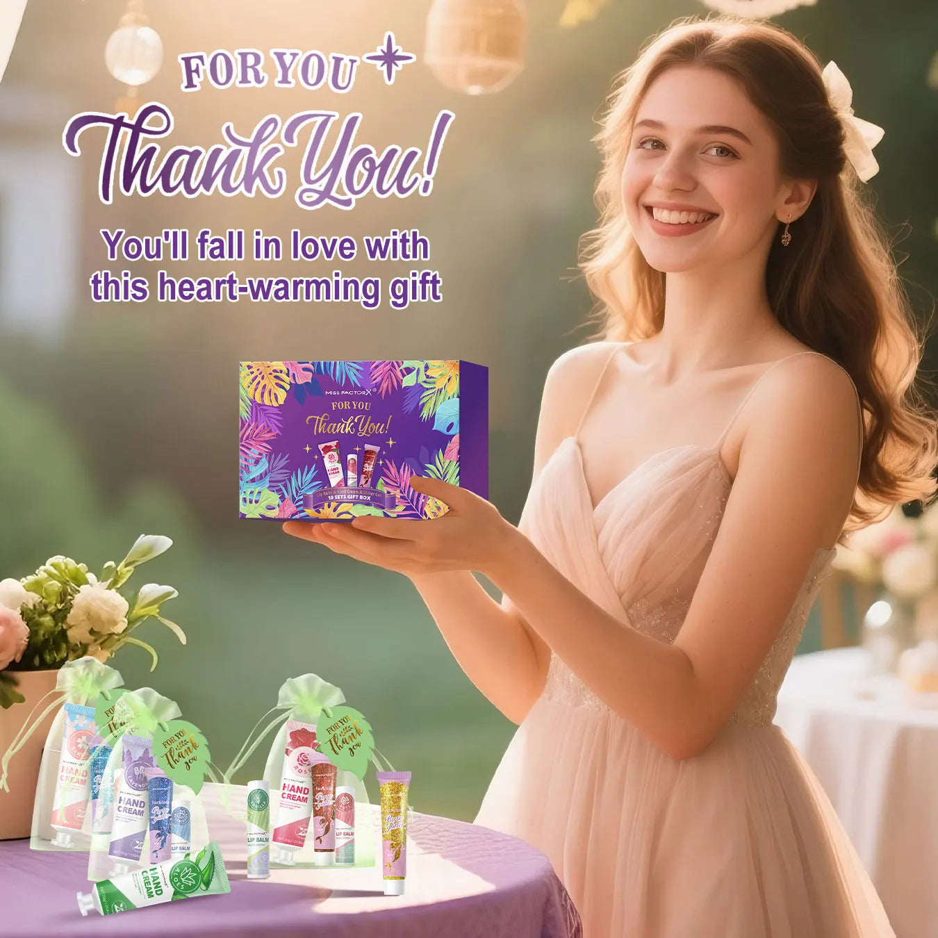 Women's Gift Set -10 Sets/Box with Hand Cream, Lipstick, Glitter, Gift Gauze Bag, Green Leaf Thank You Card Combination Qme
