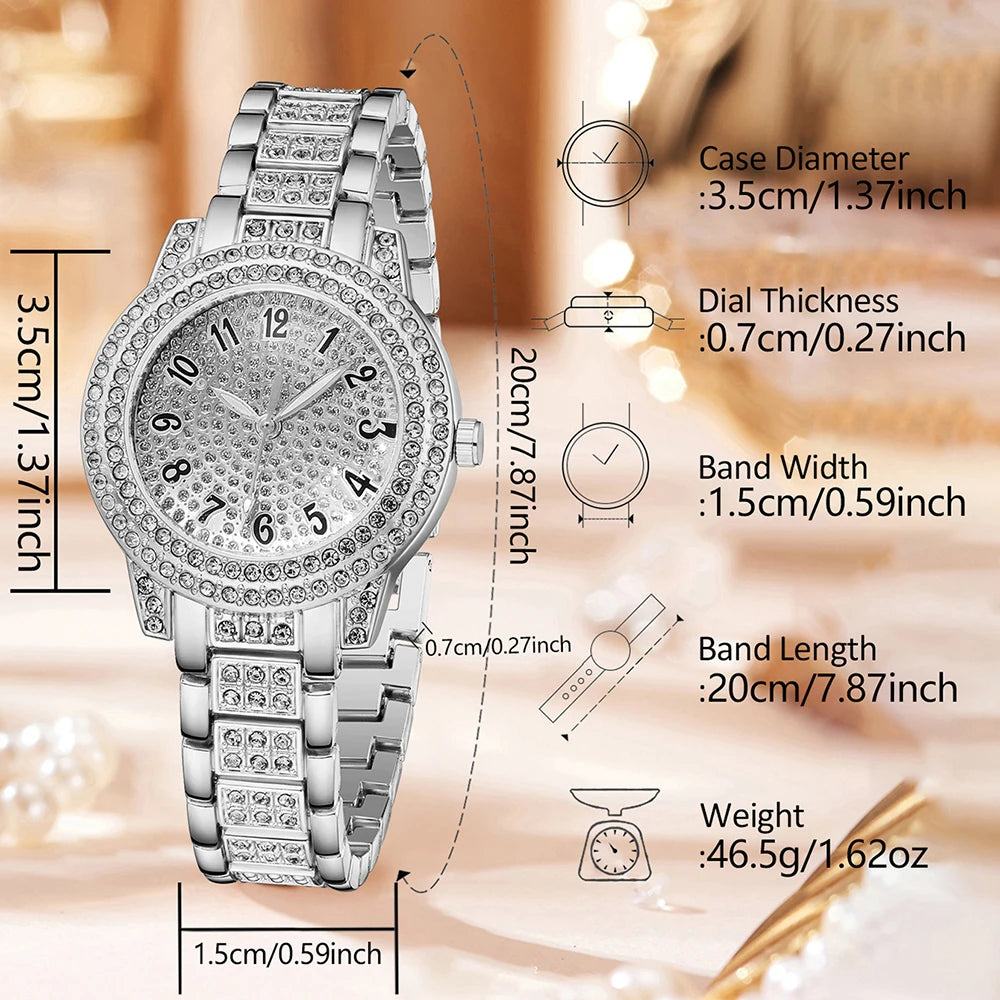 Full diamond silver steel band women's watch diamond bracelet Fried Dough Twists bracelet earrings five piece set accessories Qme