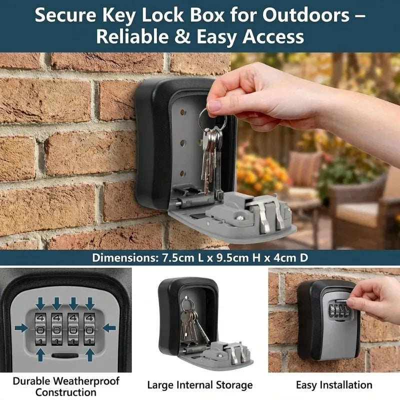 Wall Mount Key Lock Box with 4 Digit Password Code Security Home Office Key Safe Storage Organizer - No Key Required Qme