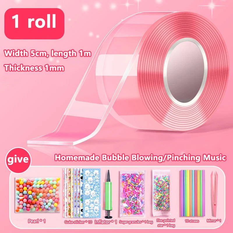 Kids Gifts PET Nano Glue DIY Blow Bubble Double Sided Tape Sticky Qme A5