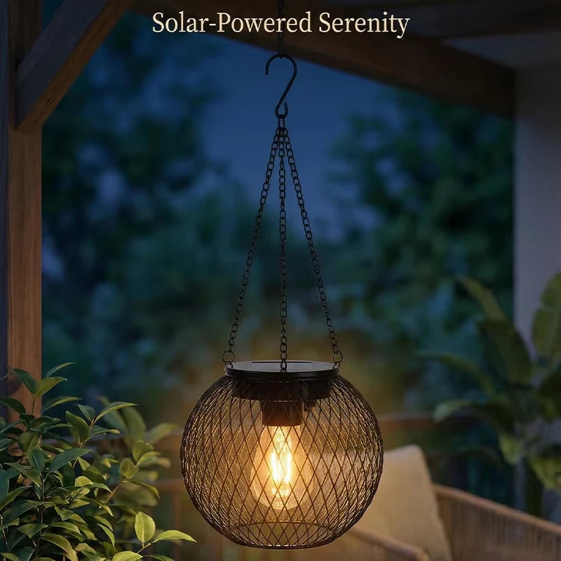 Solar wrought iron lantern lamp retro net chandelier outdoor garden decoration hollow lantern Qme