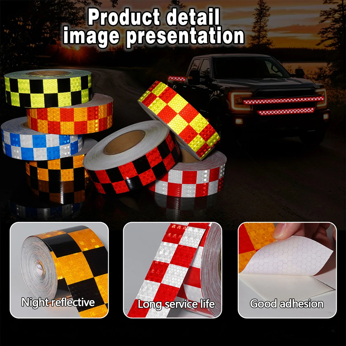 Reflective Sticker Square Grid Checkered Pattern Reflector Tape Red Yellow Fluorescent White Reflect Film For Truck Car Road Qme