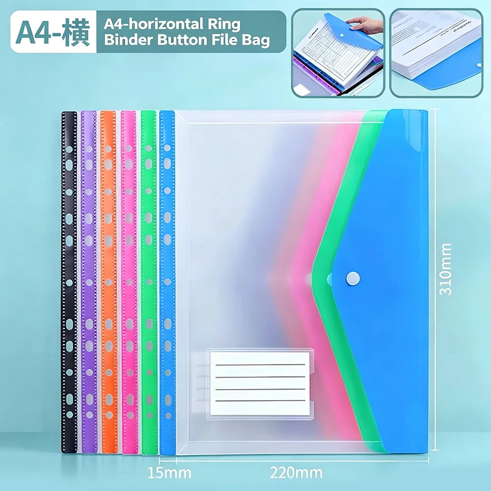 6/12Pcs A4 High-Capacity Loose-Leaf File Bags with 11-Hole Binding Rings,High Capacity Expandable Button Folder Label Pockets Qme