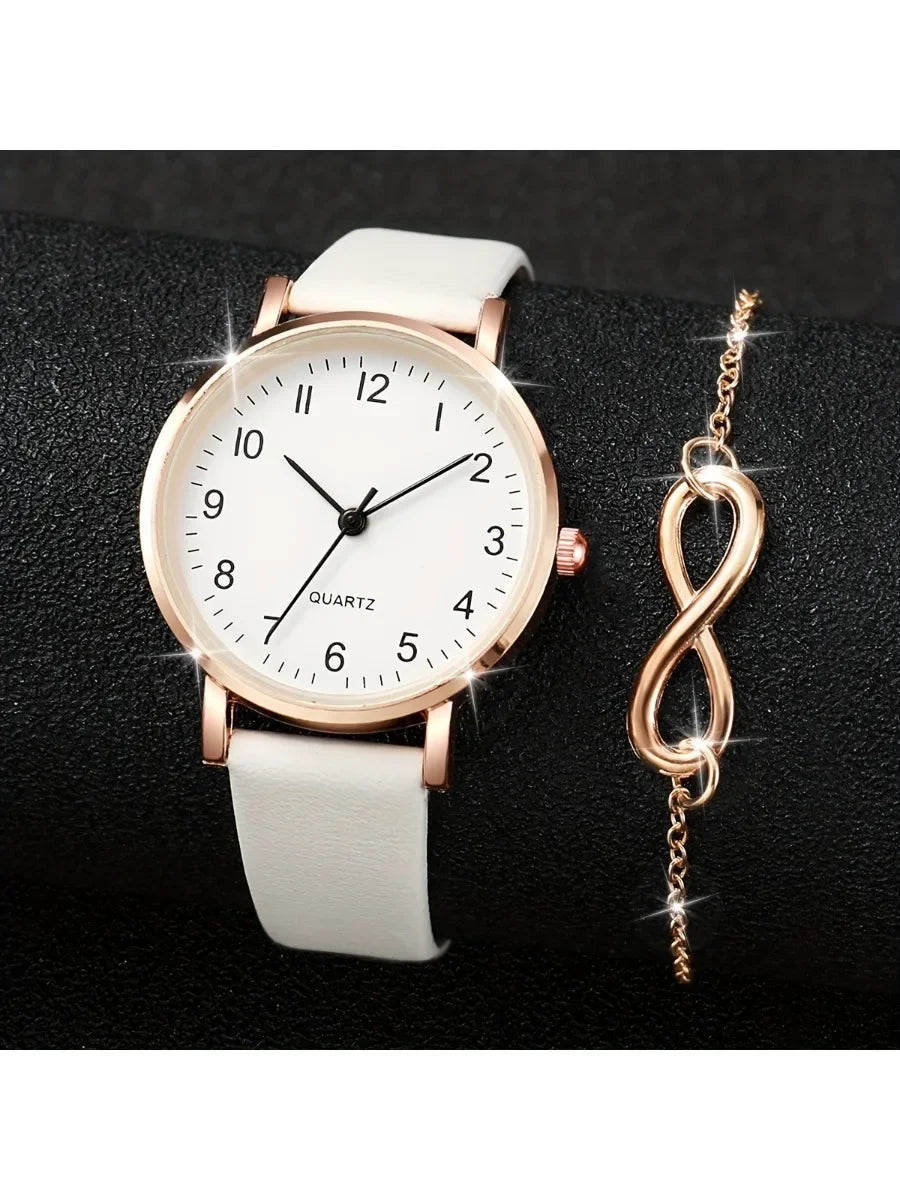 2pcs/set Casual Fashion Quartz Watch Analog PU Leather Wrist Watch & Bracelet, Gifts For Women Her Qme