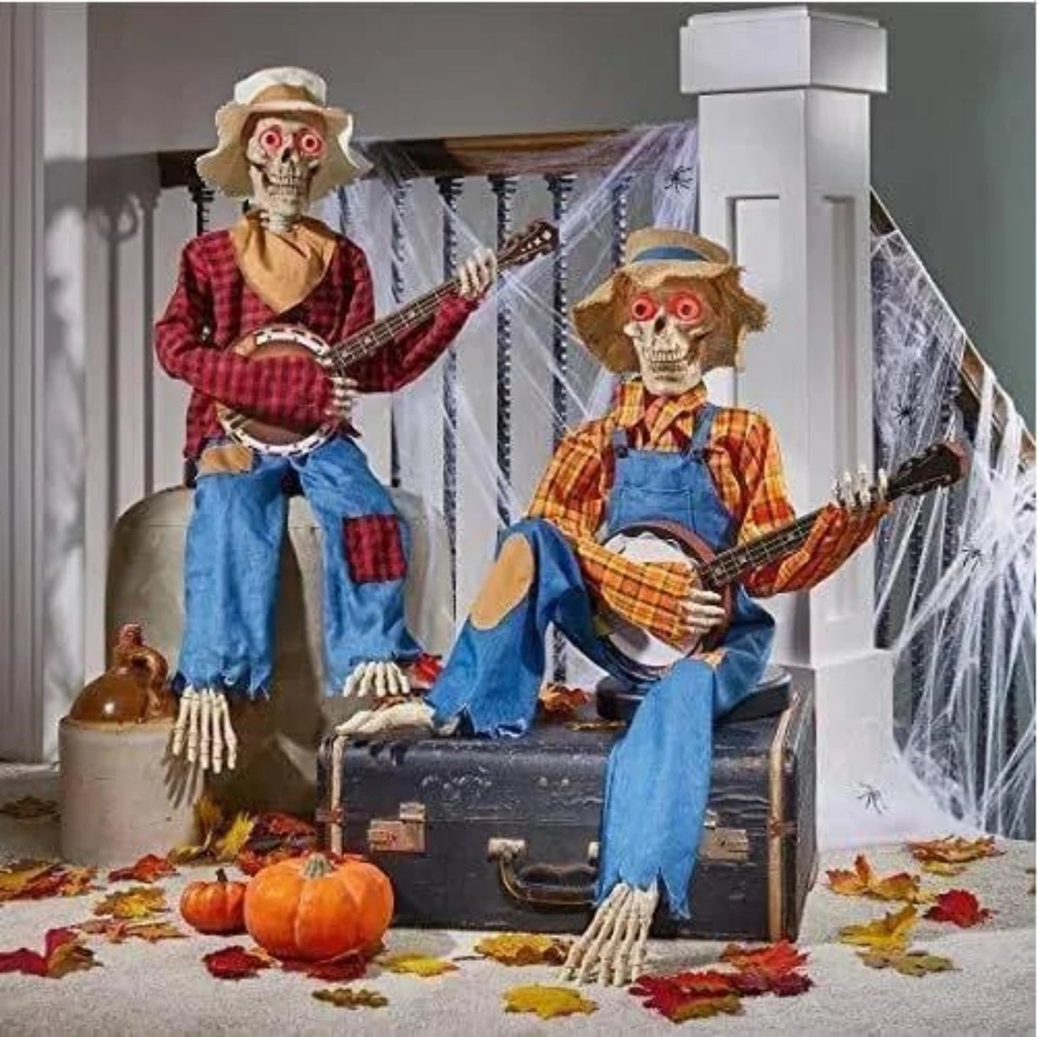 Animated Motion Sound Activated Musical Multi Lingual Banjo Skeletons Duo Halloween Fall Indoor Glowing Skeleton Skeleton Decor Qme