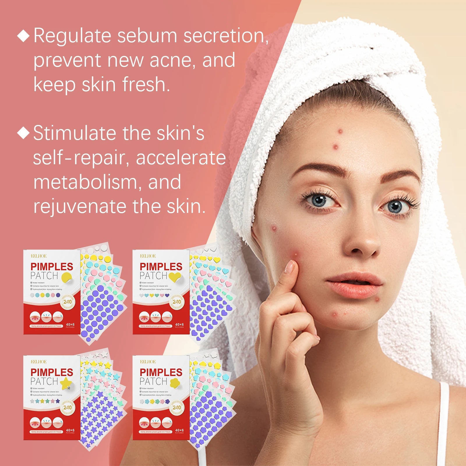 240Pcs Salicylic Acid Acne Pimple Patches Colorful Round/Heart/Flower/Star Shape Acne Removal Skin Care Stickers Covering Zits Qme