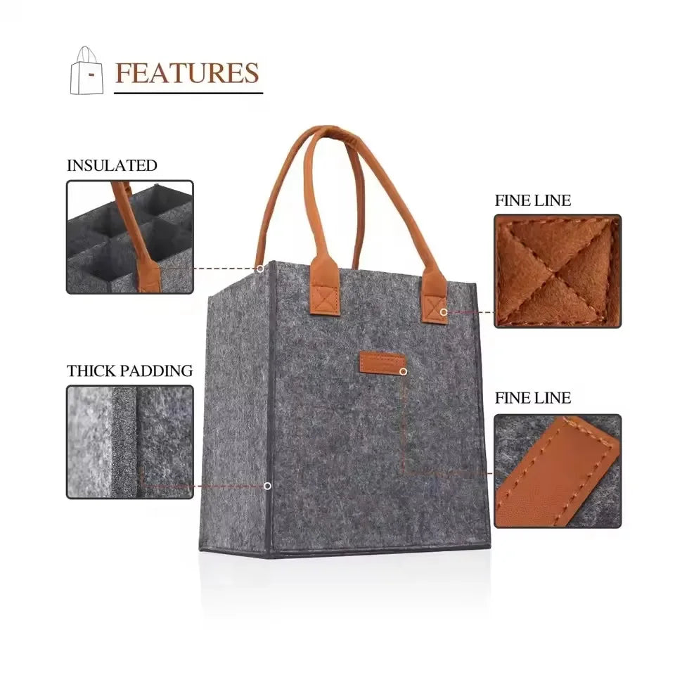 6 Bottle Wine Carrier with Divider Felt Wine Storage Tote Bag Portable Wine Gift Bag Red Wine Storage Box with Handle Qme