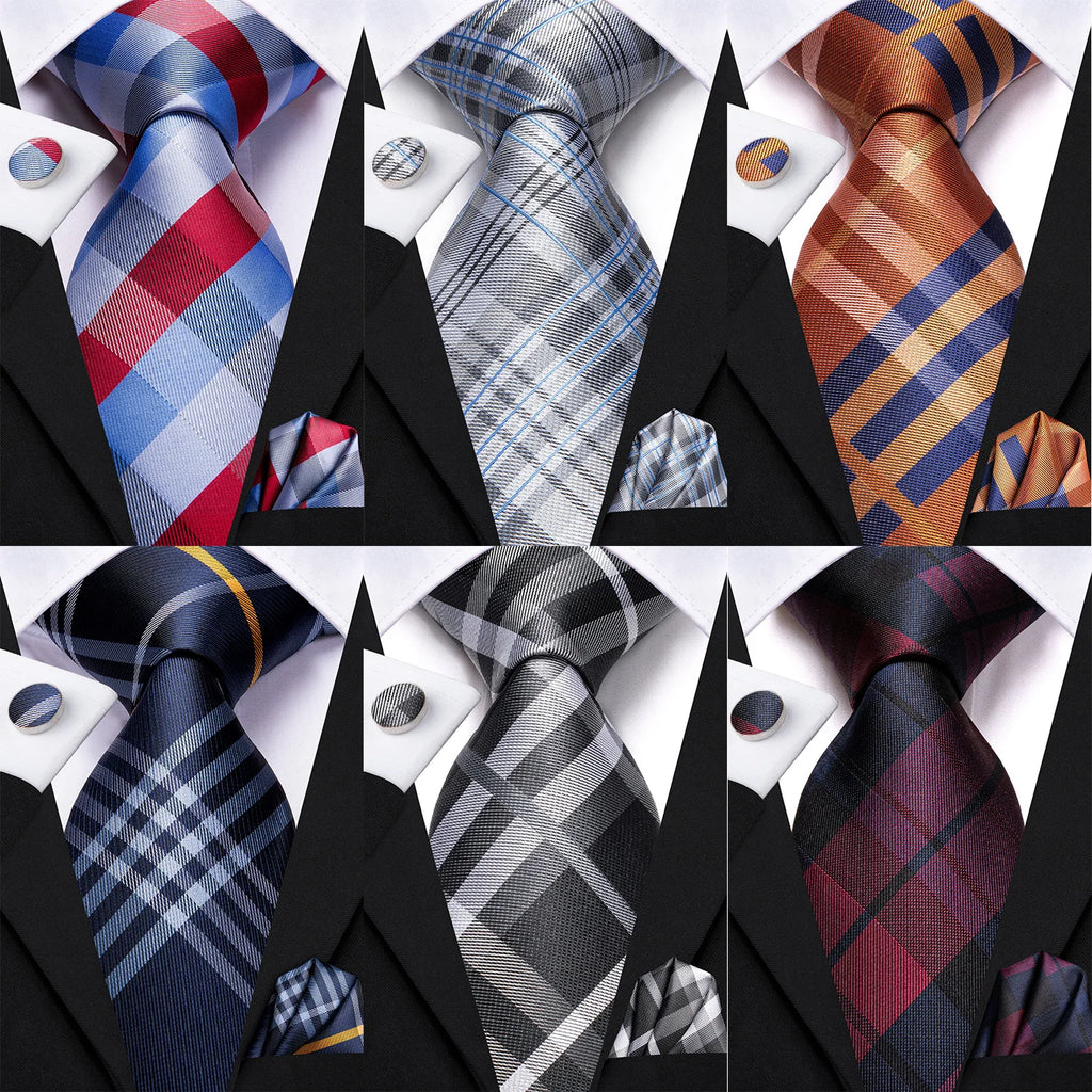 Designer Wedding Tie Men Blue White Plaid Handky Cufflink Red Gray Qme