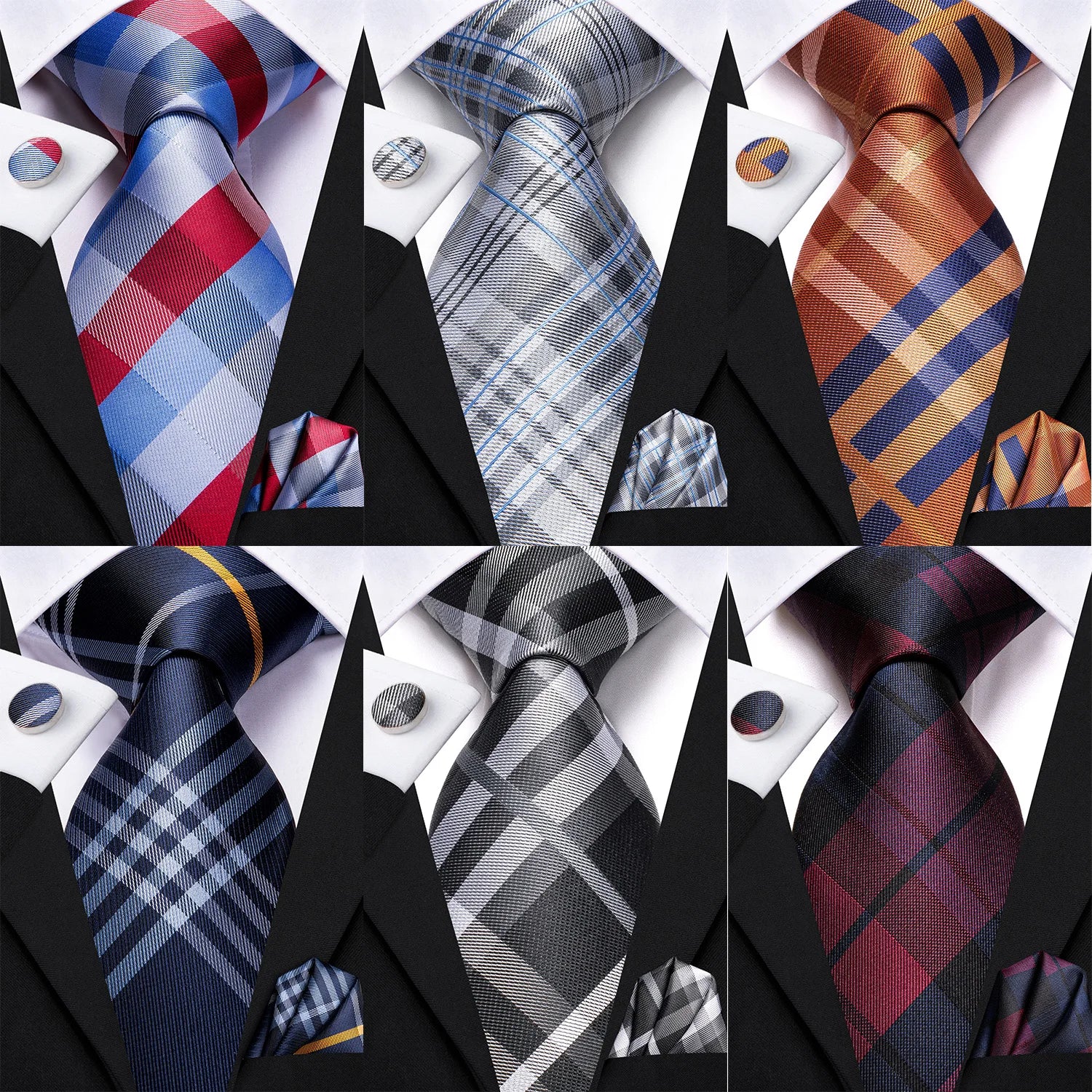 Designer Wedding Tie Men Blue White Plaid Handky Cufflink Red Gray Qme