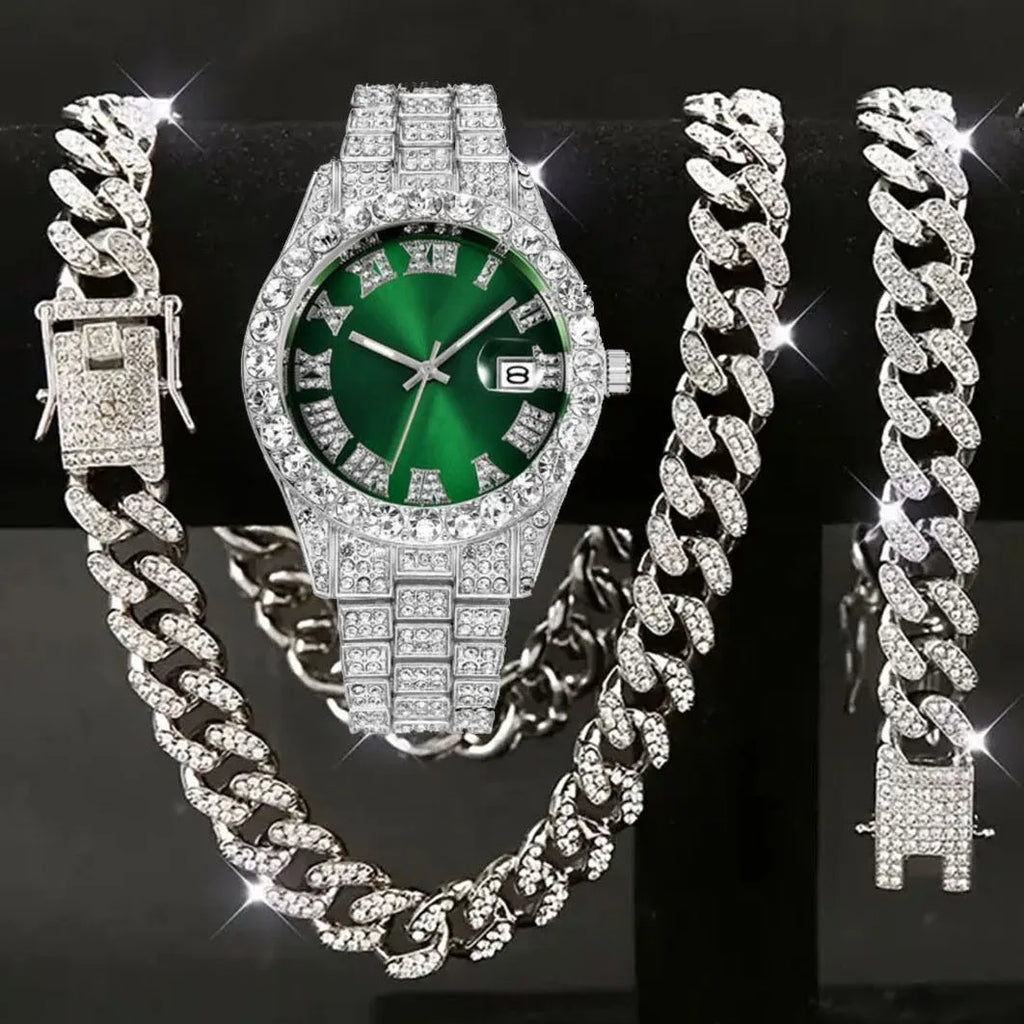 Men's Hip Hop Iced Out Watch and Jewelry Combo, Silver Plated Diamond Watch + Cuban Chain + Bracelet, Fashion Accessory Qme