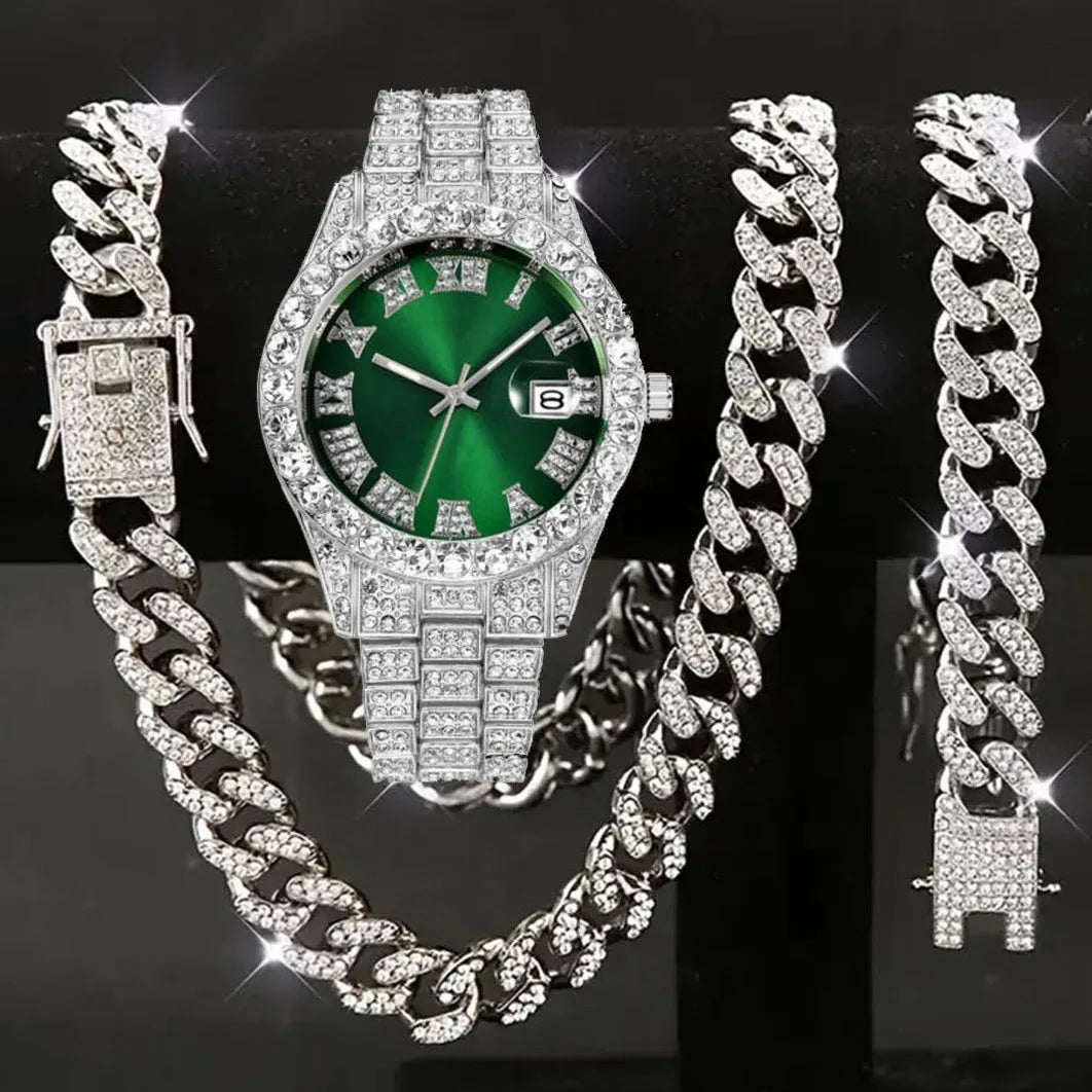 Men's Hip Hop Iced Out Watch and Jewelry Combo, Silver Plated Diamond Watch + Cuban Chain + Bracelet, Fashion Accessory Qme