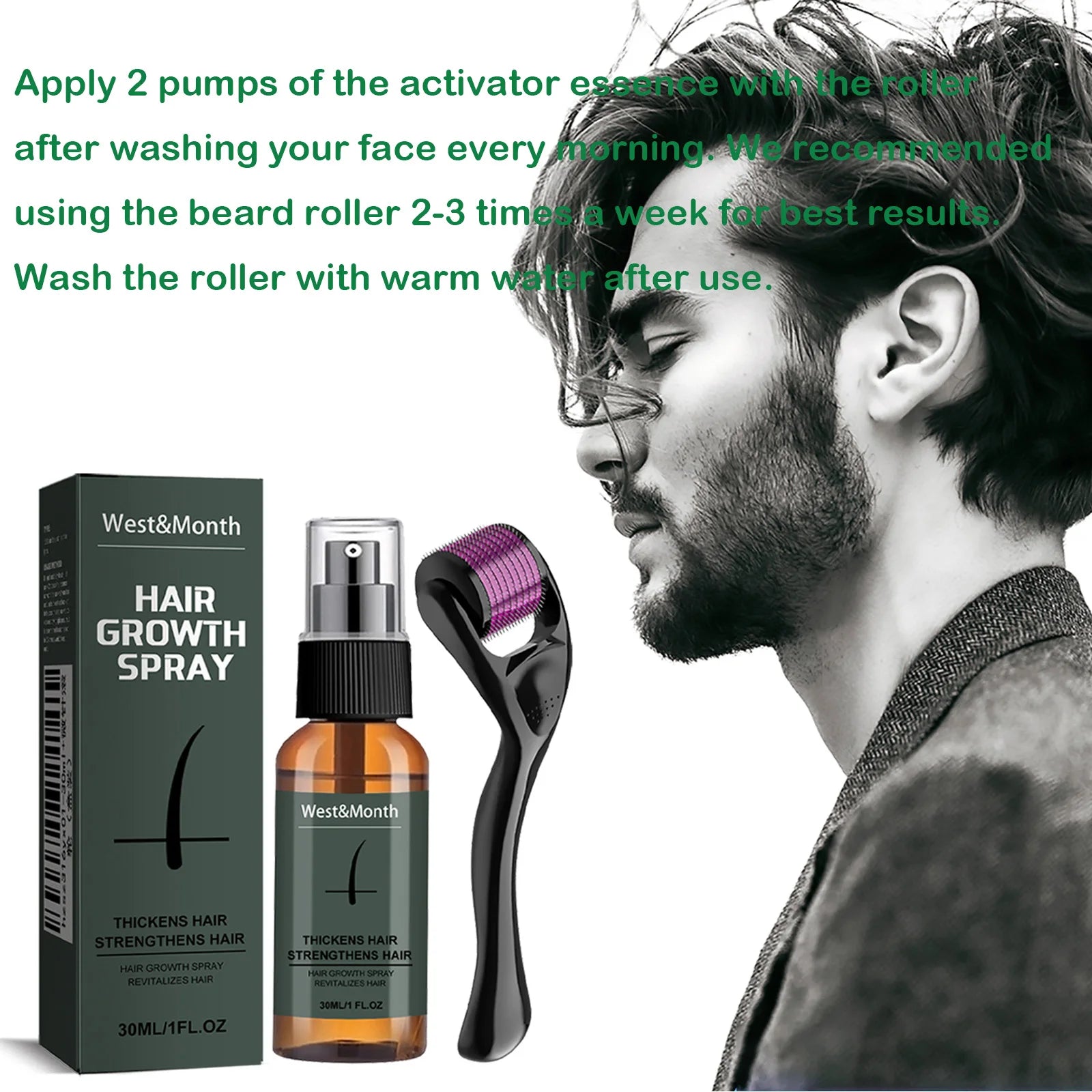 Men's Beard Spray Kit with Micro Roller 0.25mm Moisturizing Thicken Facial Hair Beard Boosting Essence Nourishing Spray Bear Qme