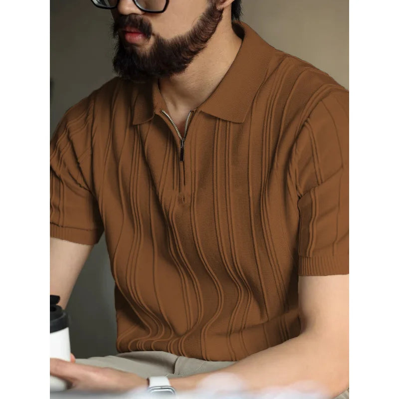 High-quality Zipper Knit Thin Ice Silk Short-sleeve Polo Shirt Qme Brown XXL