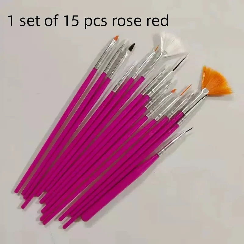 1set/15pcs color Nail Art Brush Set UV Gel Polish Pen Acrylic Nail Design Painting Tools for Nail Artistry Qme 15pcs rose red