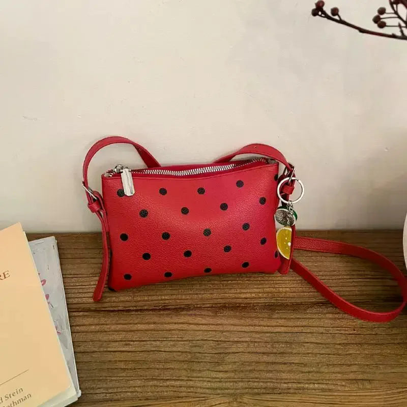 Color PU Leather Crossbody Bag Black Polka Dot Print Cute Fruit Charm For Daily Shopping Dating Casual Trips Qme