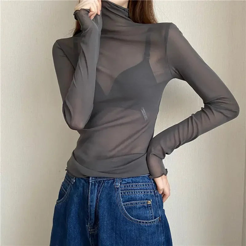 Floral Lace Shirt Spring Autumn Long Sleeve Sexy Mesh Bottoming Shirts Ladies Solid Turtleneck Silk T-Shirt Lace Crop Top Qme Gy M