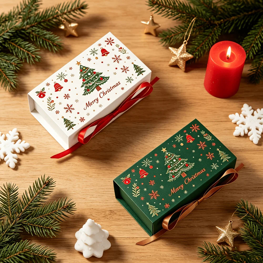 10pcs Merry Christmas Gift Boxes with Ribbon, Xmas Tree Snowflake Printed , Packaging Box for Holiday Biscuit Wedding Favor Qme