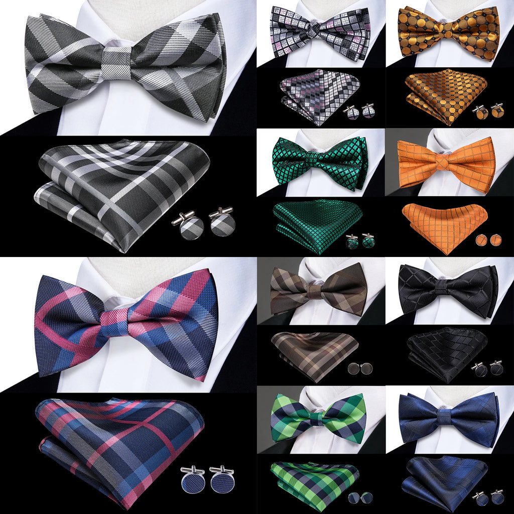 Hi-tie Grey Plaid Jacquard Pre-tied Mens Bow Tie Hanky Cufflinks Qme