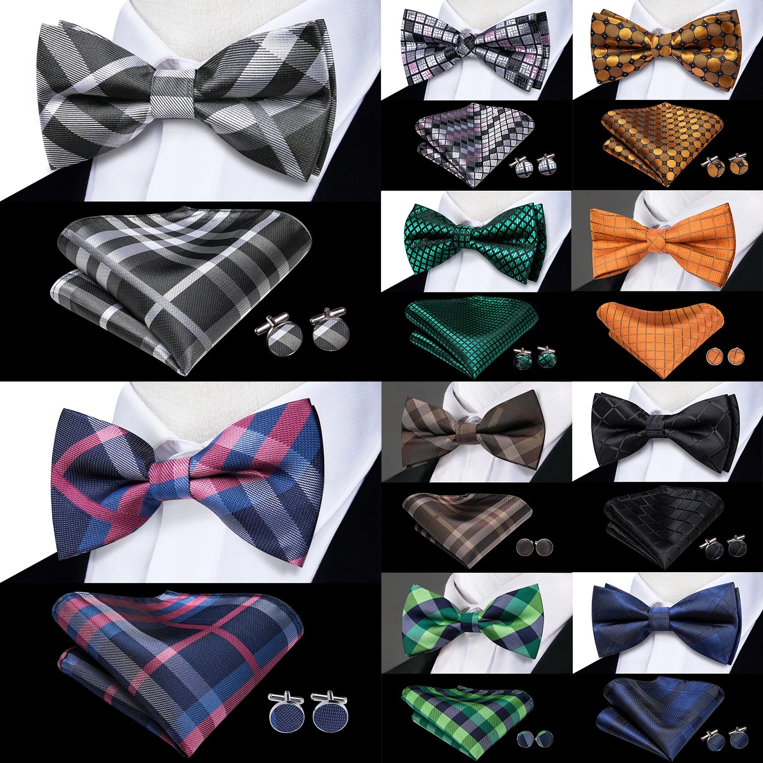 Hi-tie Grey Plaid Jacquard Pre-tied Mens Bow Tie Hanky Cufflinks Qme
