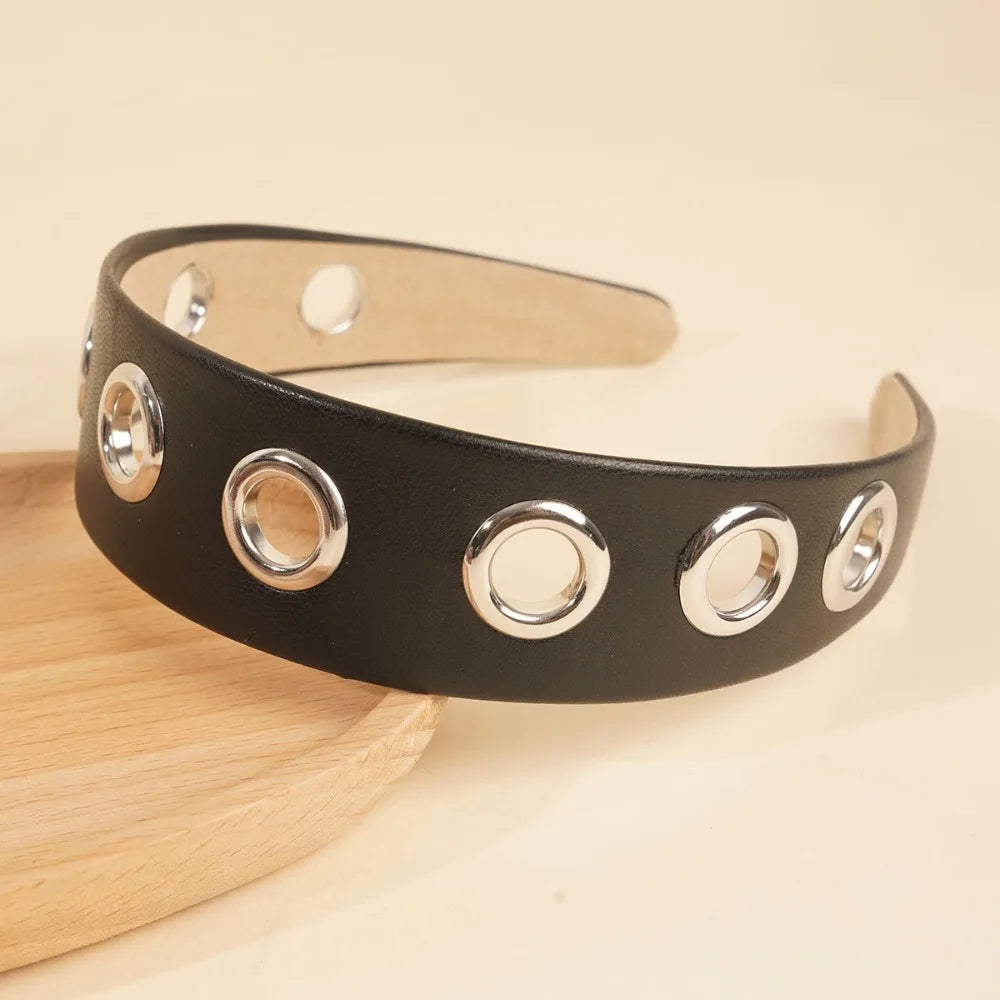 Solid Hollow Metal Headband Ring Y2k Hollowed Out Eyelets Stretchy Qme Black