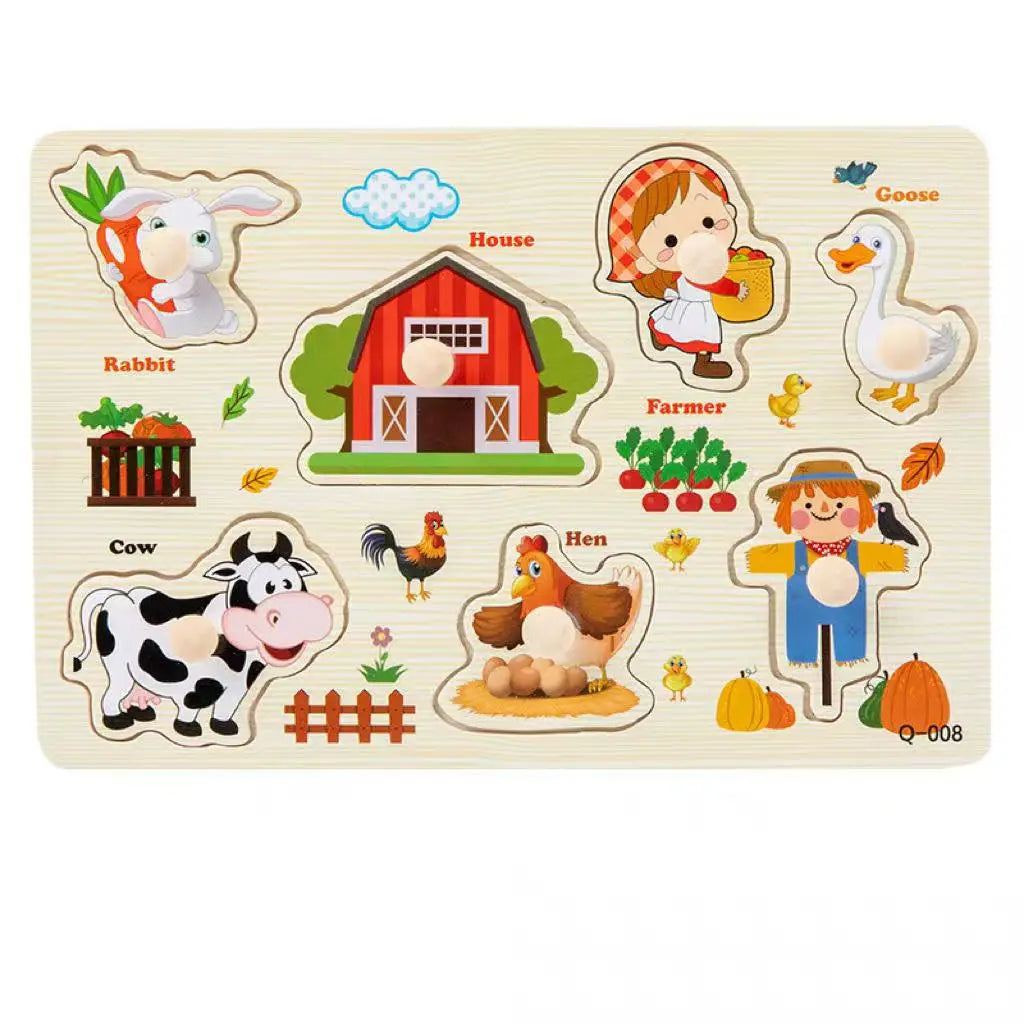 Baby Cognitive Puzzle Handheld Board Number Animal Fruit Shape Early Qme farm cartoon/卡通